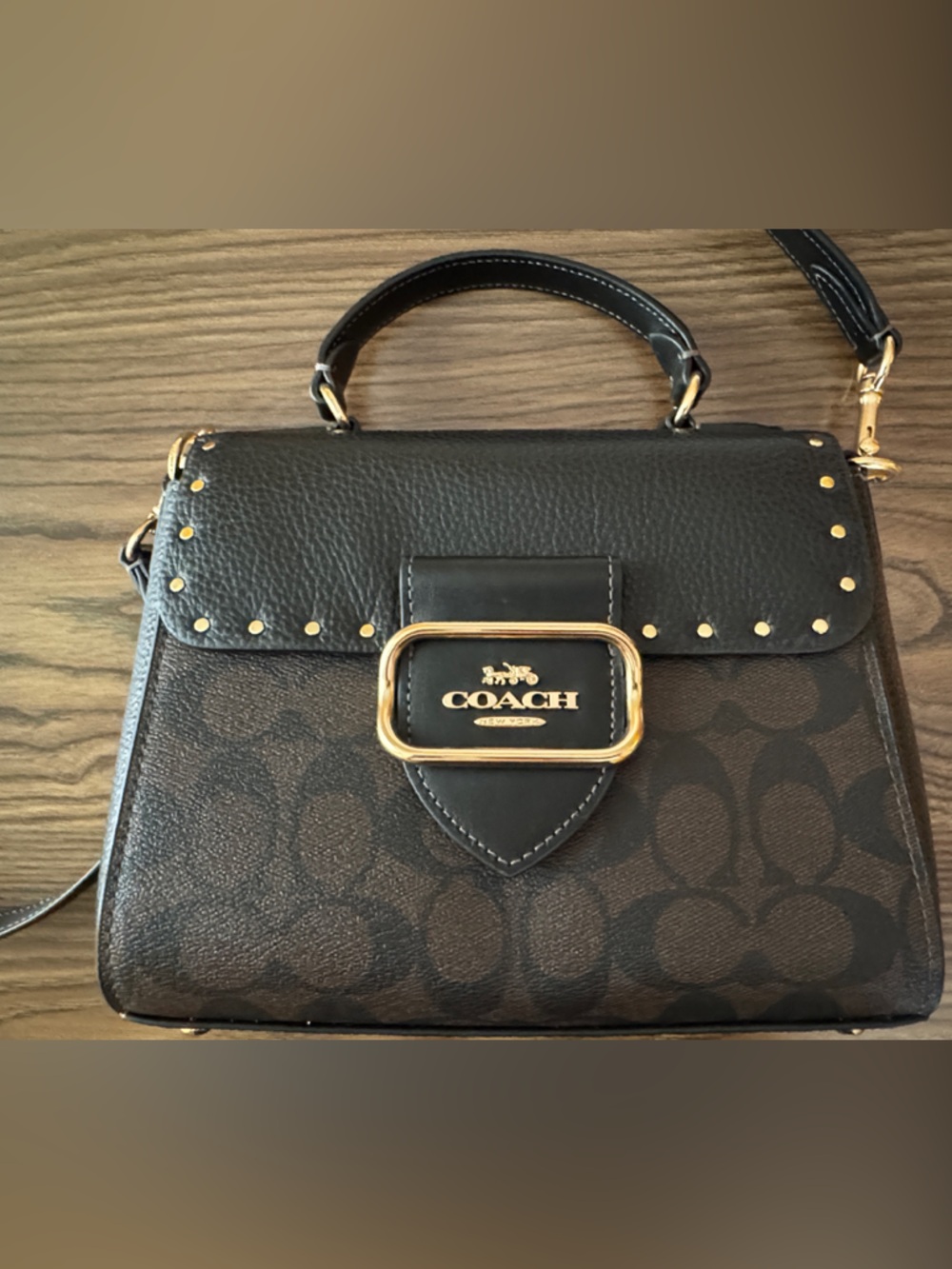 Coach Black and Brown Signature Rivet Morgan Top Handle Satchel Gold Hardware - Picture 3 of 13
